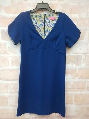 Betsey Johnson Royal Blue V-Neck Mini Dress with Patterned Lining Size 10